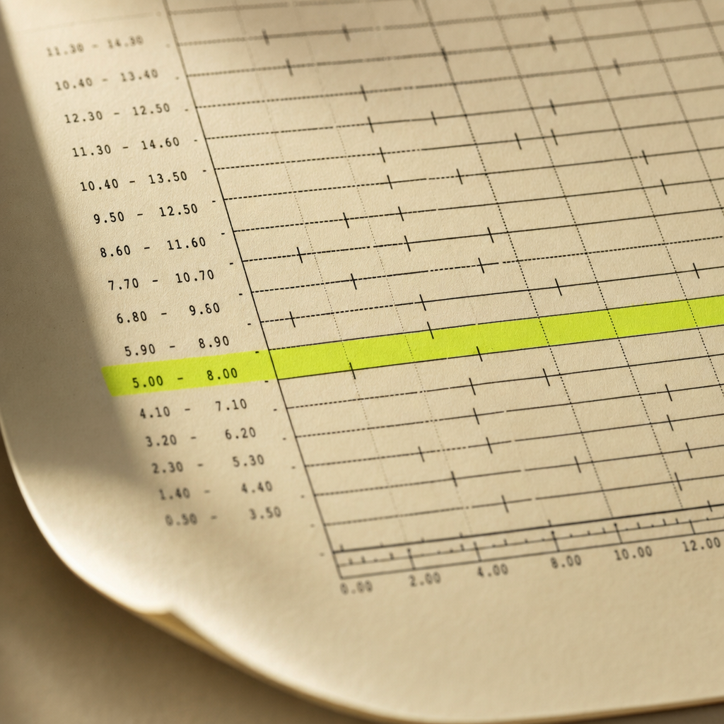Macro photograph of a printed liquidity range chart on cream ledger paper, marked in acid-yellow highlighter