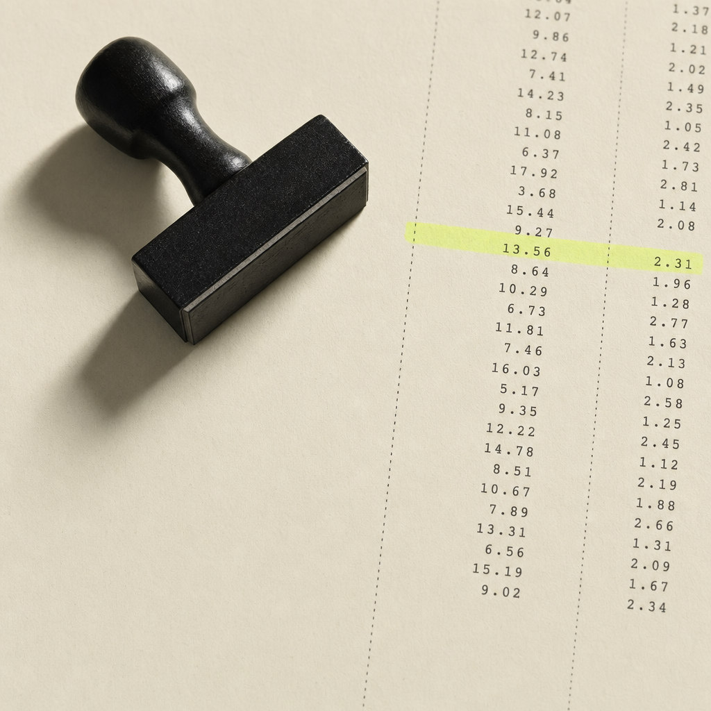 A rubber registry stamp resting on cream ledger paper beside a printed column of figures